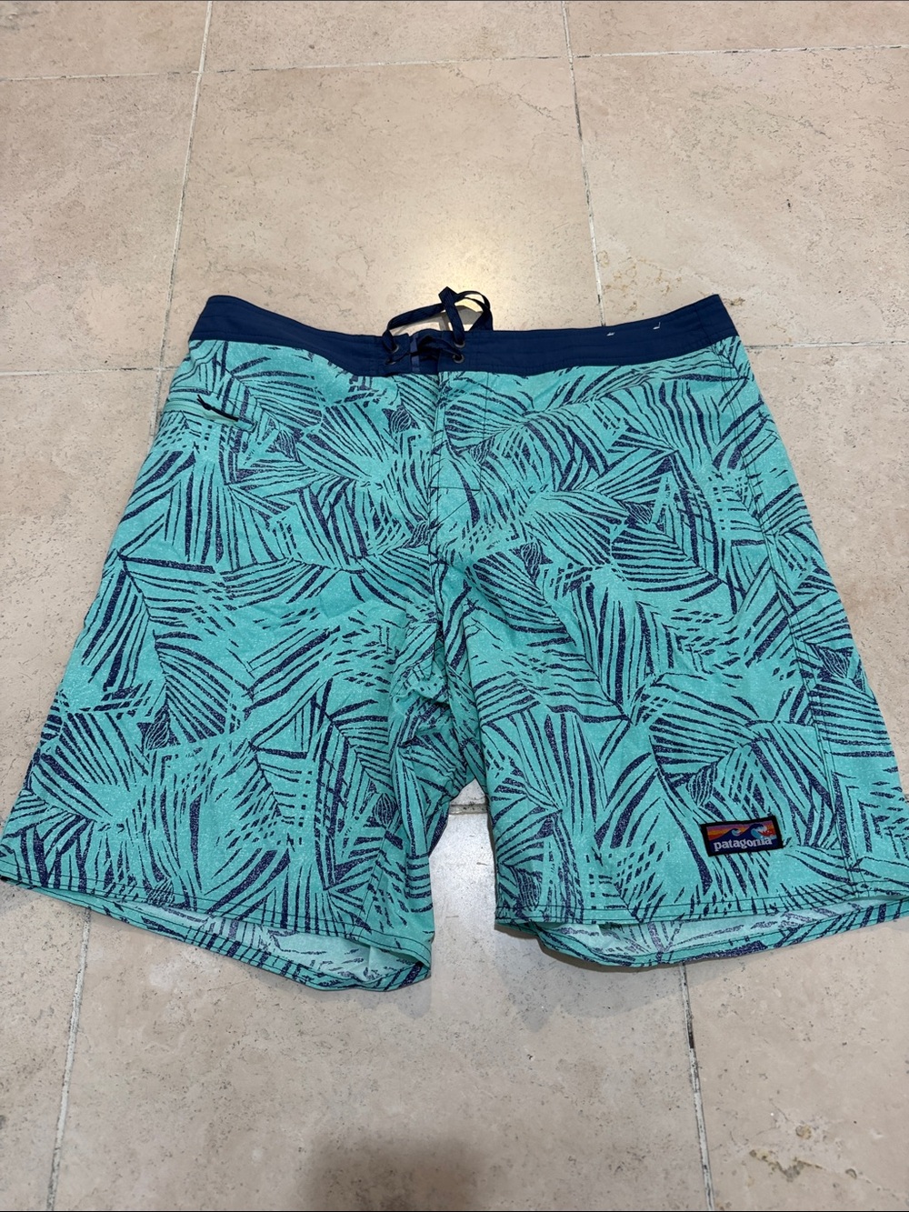 Patagonia Teal and Navy Palm-Print Board Shorts